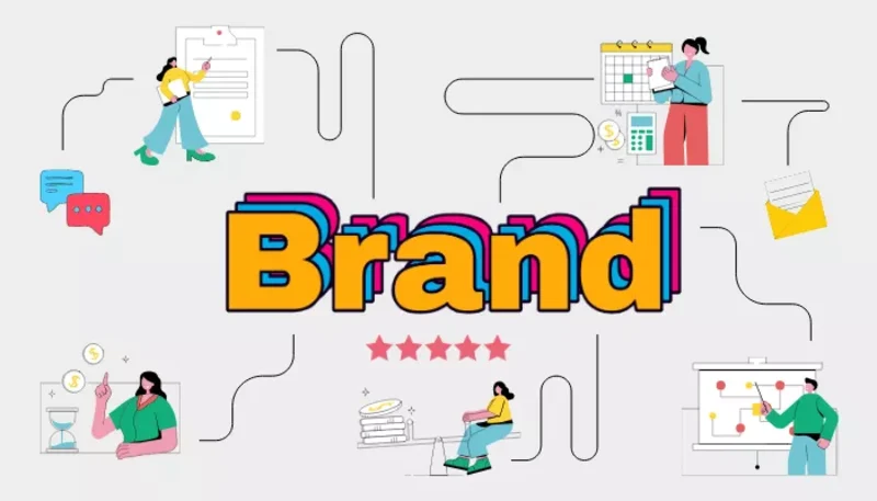 The word “brand” with people and icons representing visual identity and brand identity.