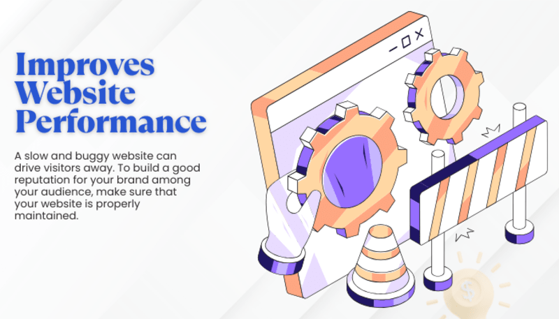 Graphic showing website maintenance, page speed insights, and better website performance strategies.