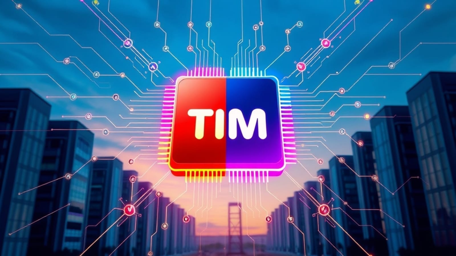 Ilustração de um chip de celular futurista com os logos da TIM e Vivo, simbolizando dupla conectividade e benefícios digitais, sobre um fundo vibrante com elementos de rede e moedas.