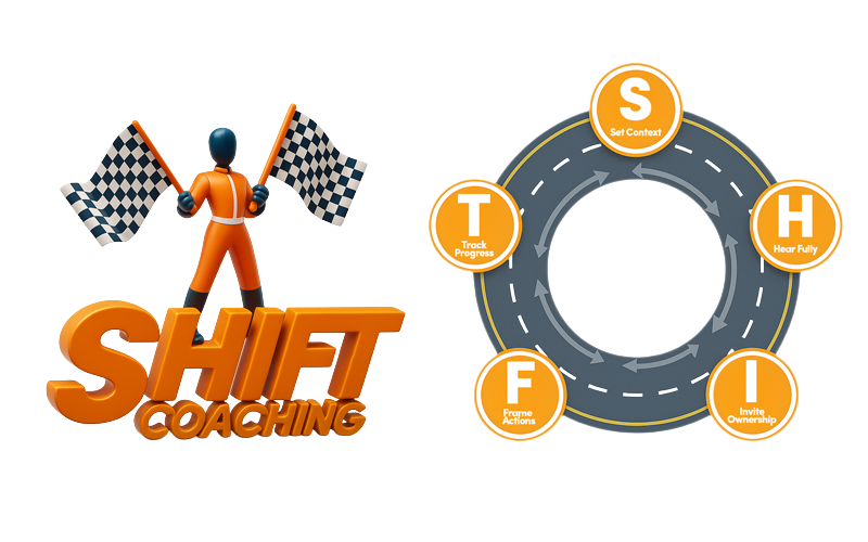 SHIFT Coaching mascot with checkered flags and a circular SHIFT framework diagram