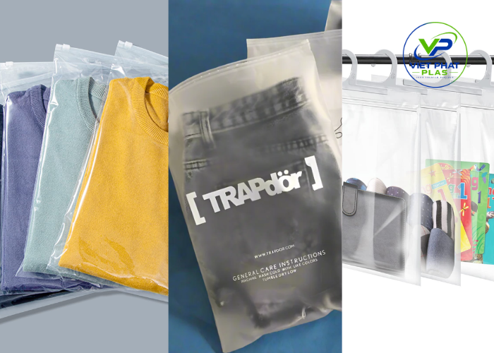 Different styles of zipper plastic bags, including clear, frosted, and hanging designs, are widely used in garment packaging.