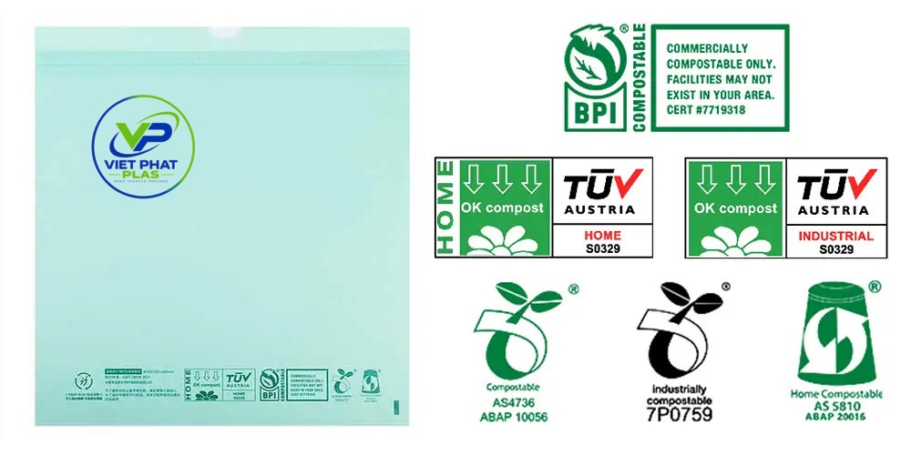 Close-up of certification and claim labeling on trash bag packaging
