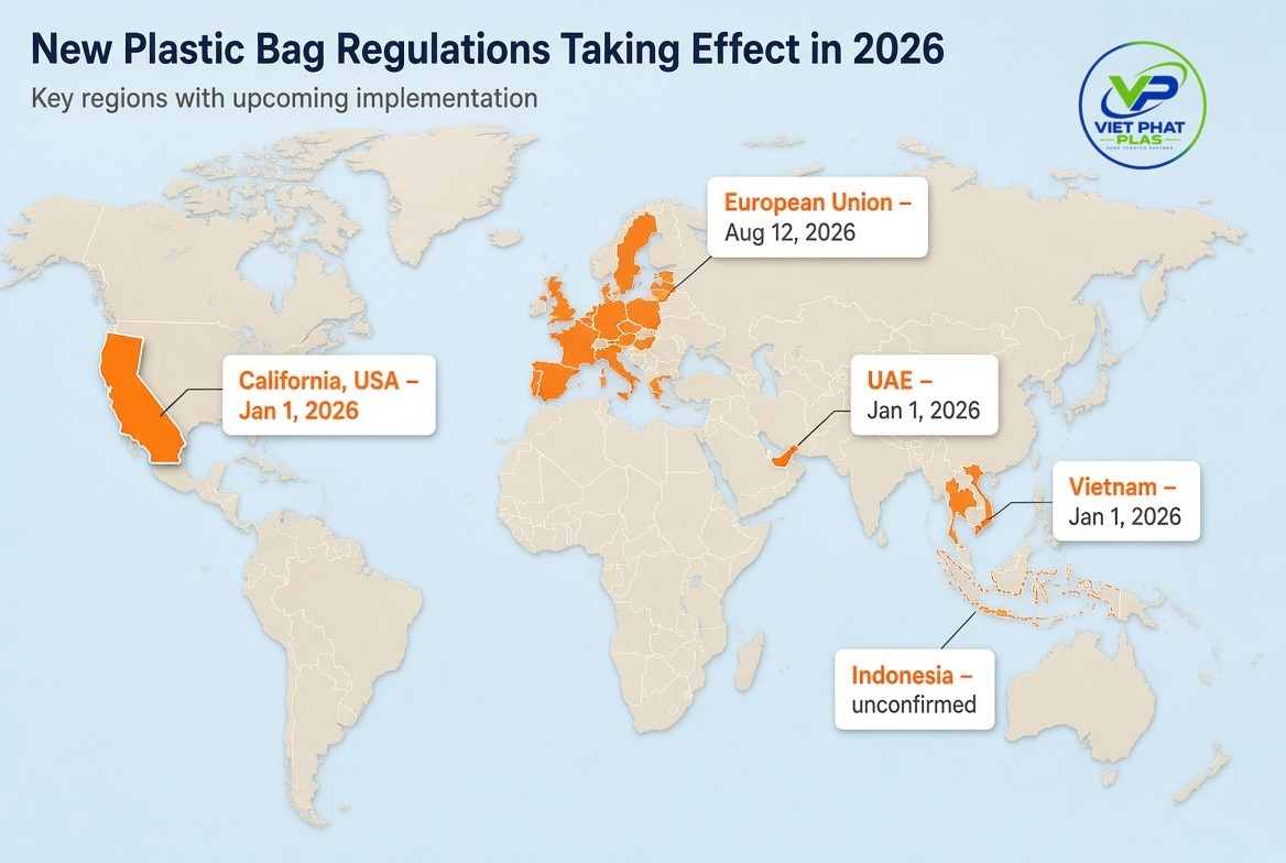 World map highlighting regions with new plastic bag regulations taking effect in 2026