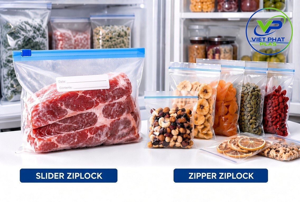 Large slider ziplock bag for frozen food next to a small press-to-close zipper snack bag