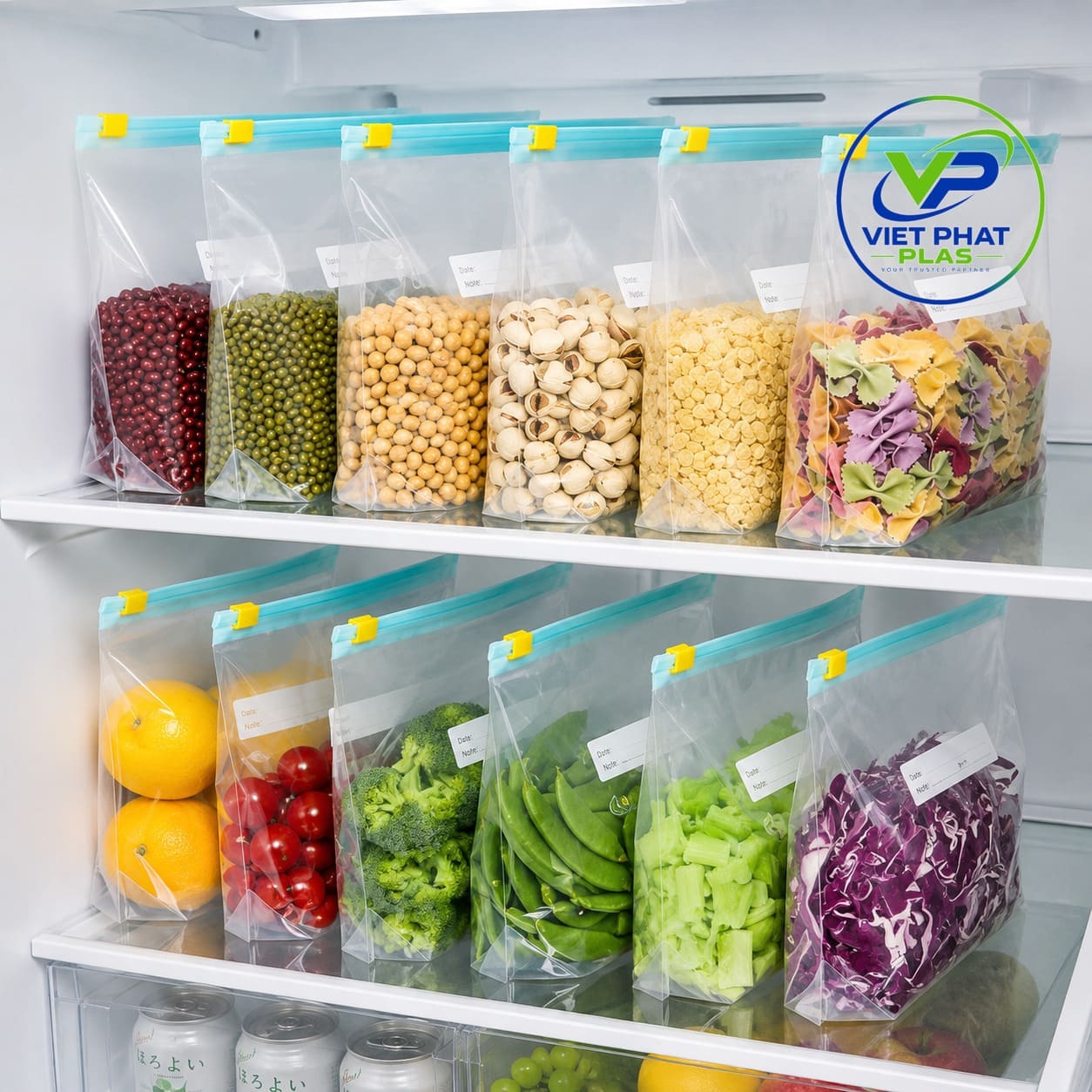 Transparent zipper slider bag with a convenient sliding zipper closure, used for packaging food/goods