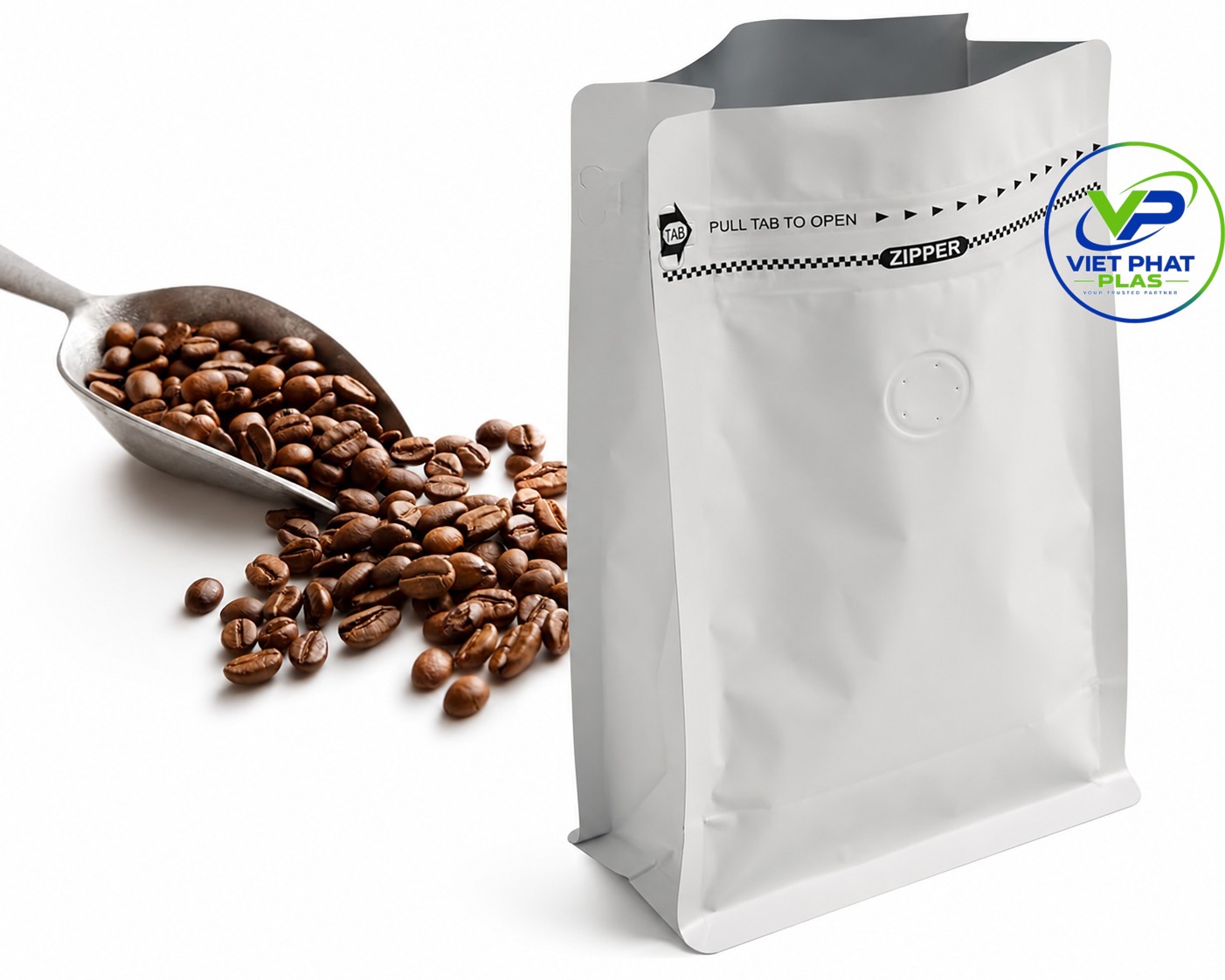 Roasted coffee beans in a foil stand-up pouch
