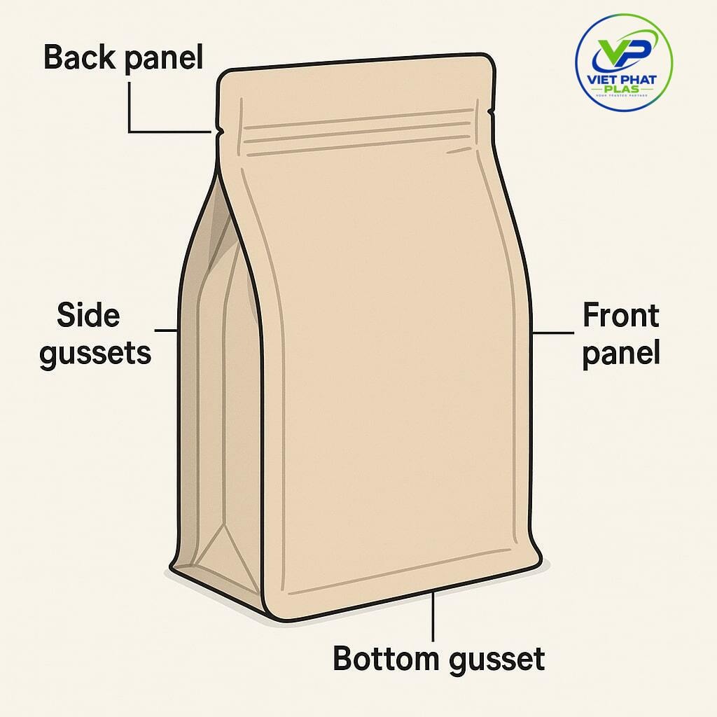 Flat bottom pouch with 5-panel construction for food/goods packaging