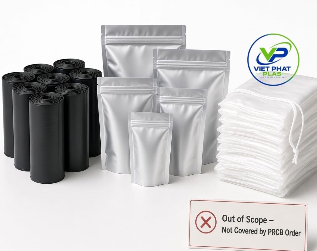Garbage bags, zipper storage bags, and plain drawstring bags displayed together as products excluded from the PRCB order