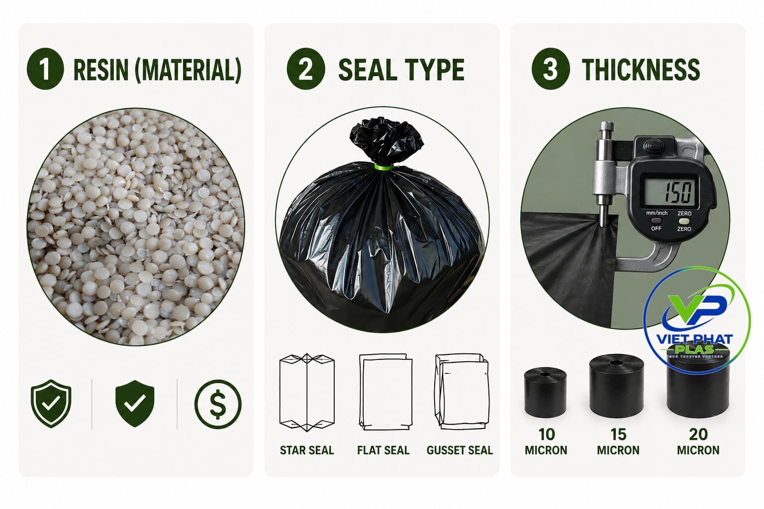Three decisions in a trash bag buying guide: material, seal type, thickness