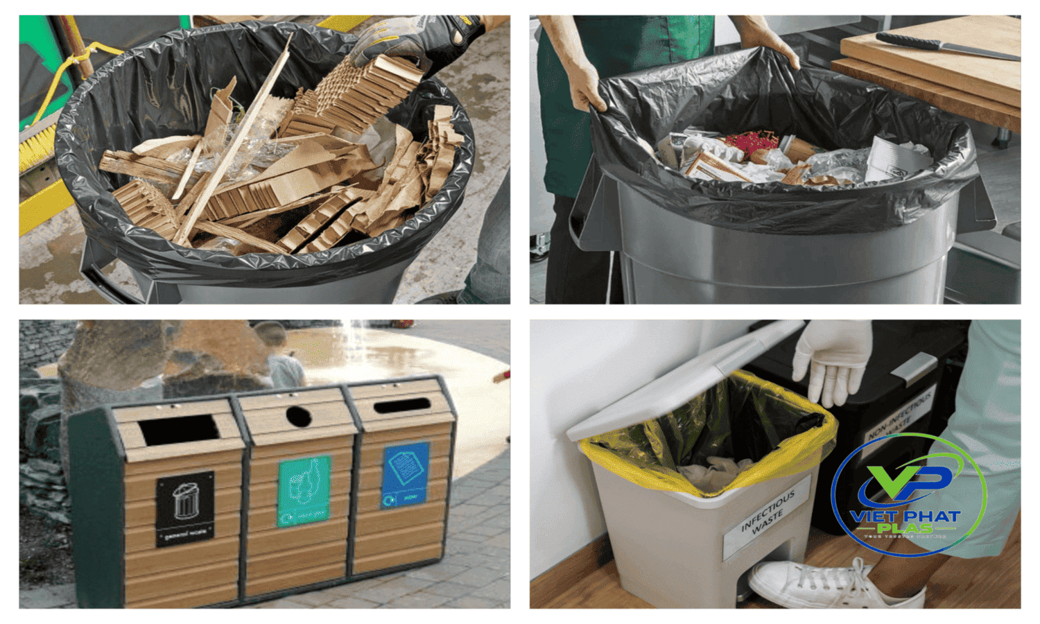 Four commercial trash bag use cases: hospitality, healthcare, municipal, and industrial