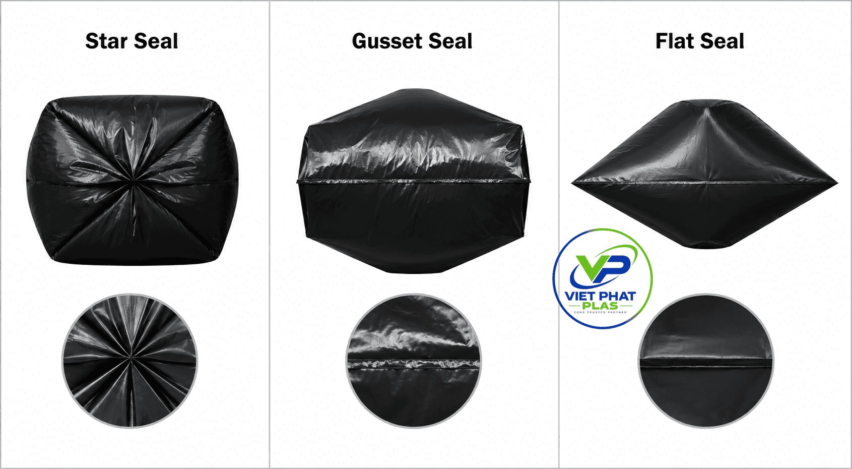 Close-up of star-seal, flat-seal, and gusset-seal