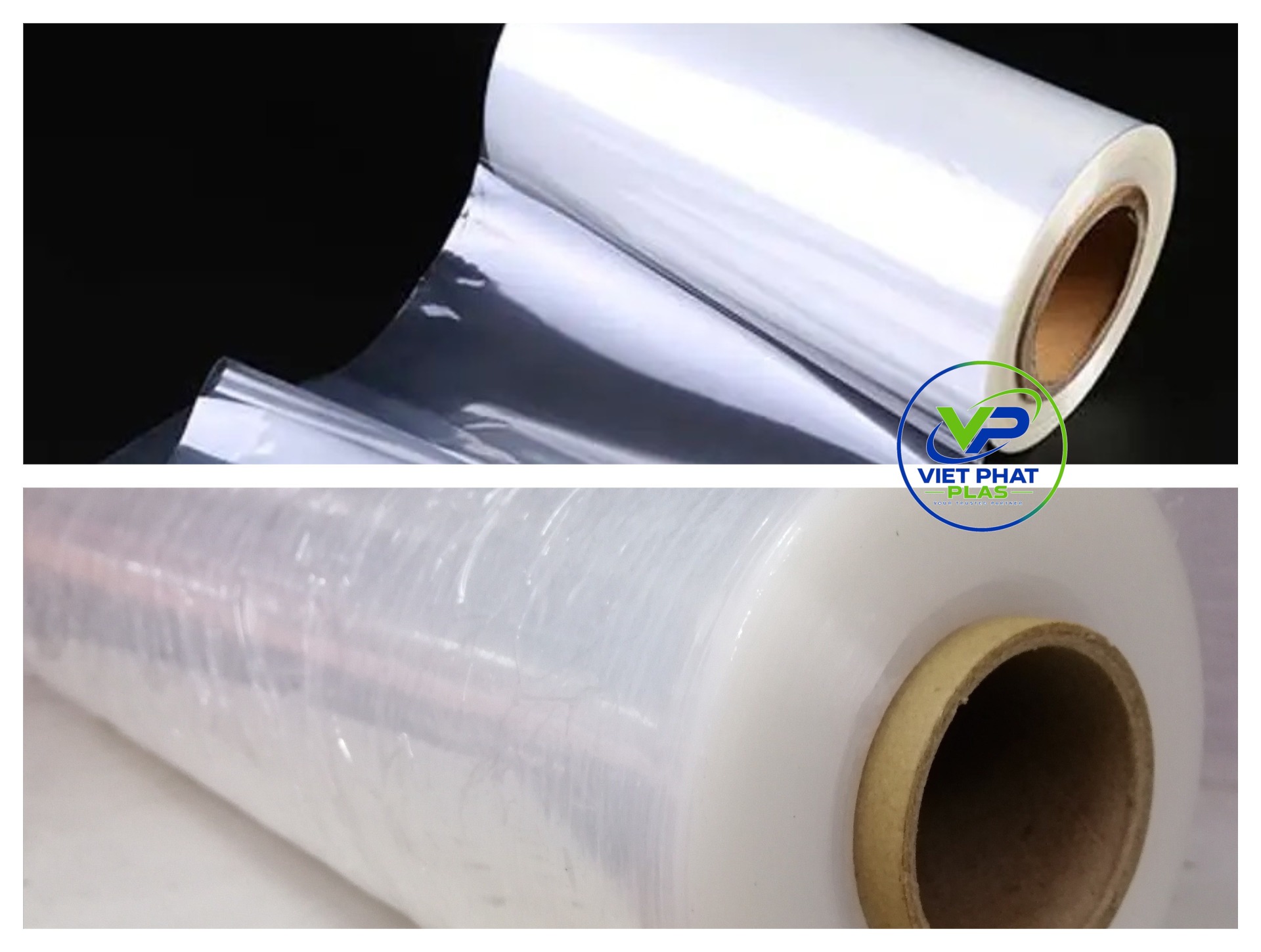 Pallet stretch film roll next to a heat-shrink film roll