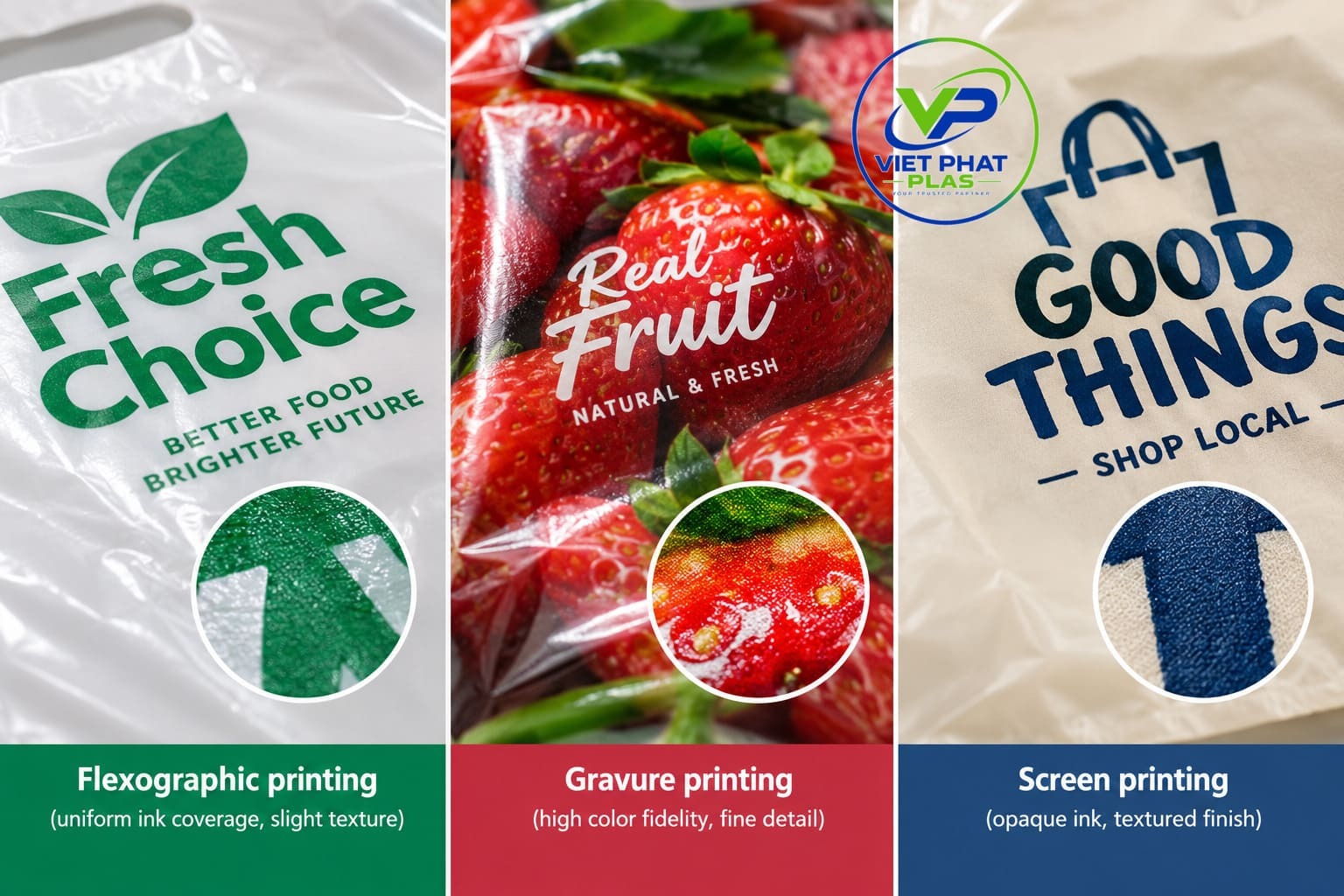 Close-up comparison of flexographic, gravure, and screen-printed plastic bag surfaces