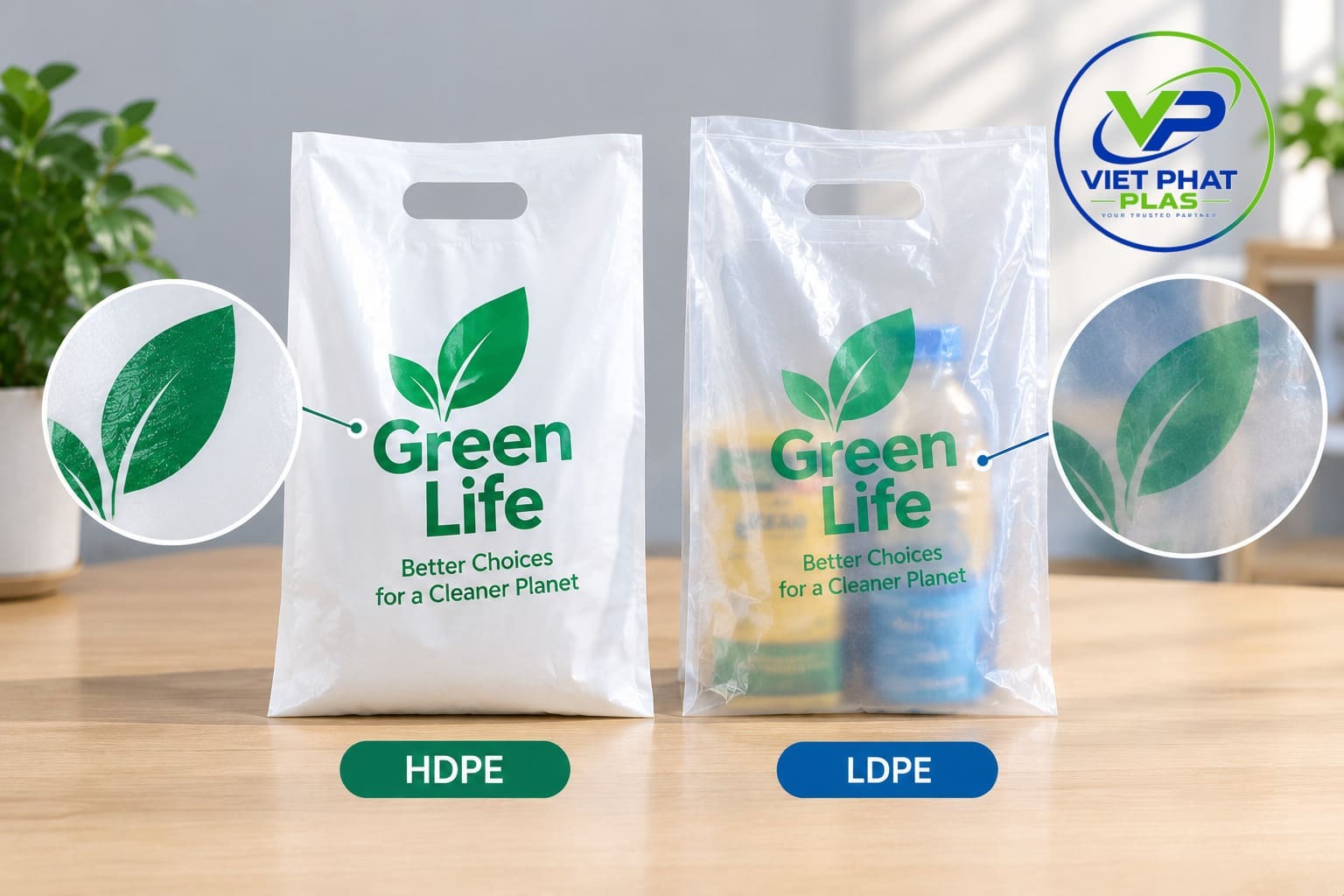 HDPE and LDPE bag samples side by side comparing opacity