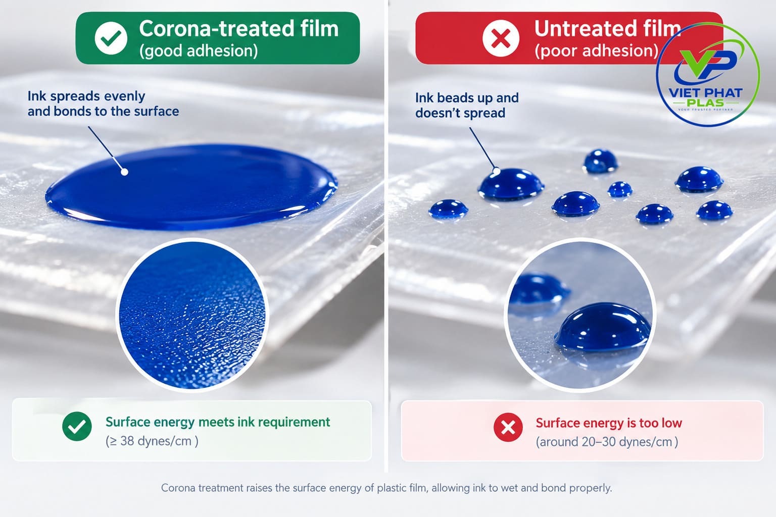 Ink droplet spreading evenly on corona-treated film vs. beading on untreated film