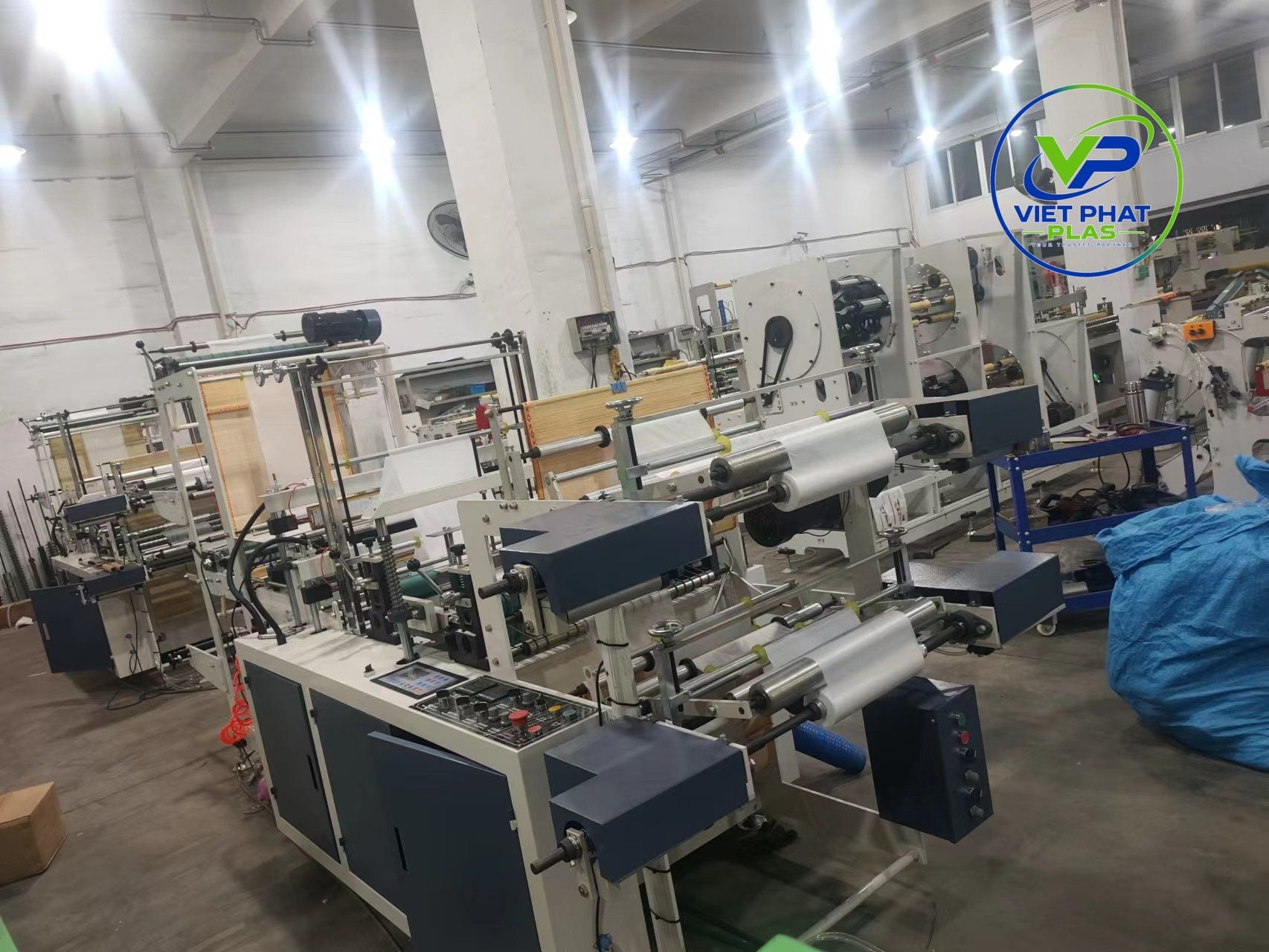 Plastic bag factory production floor with extrusion