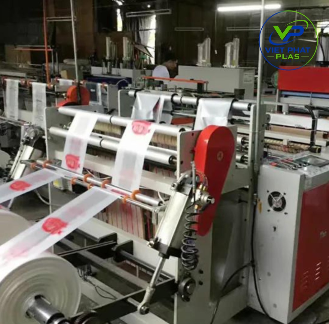 Bag printing line at VietPhatPlas with finished rolls of customer-branded bags