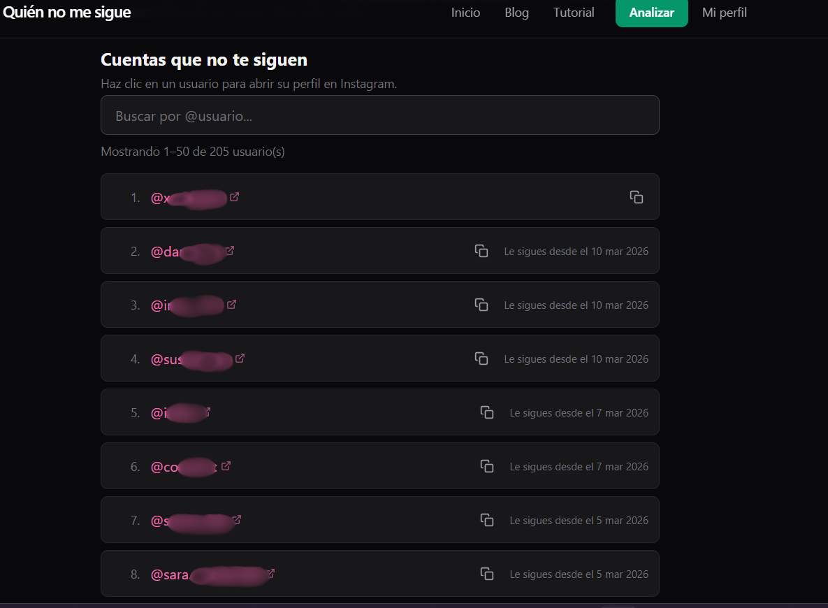 Lista de resultados — cuentas que no te siguen en Instagram