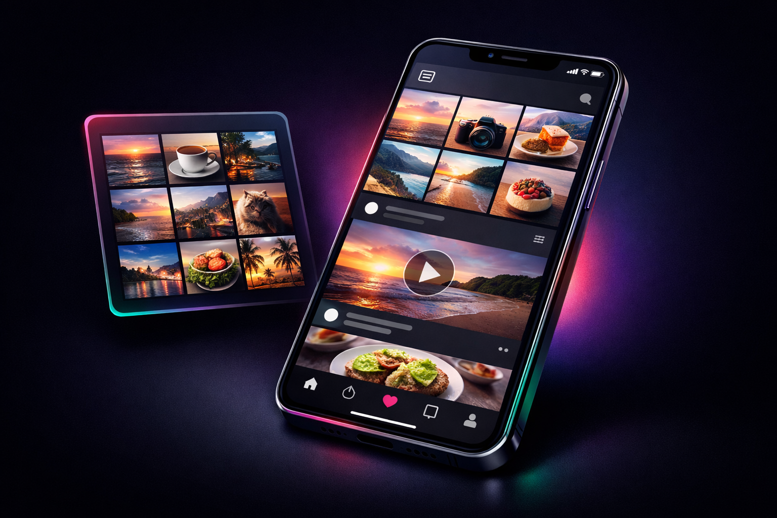 Feed de Instagram: cuadrícula de perfil y scroll del feed de inicio en el móvil