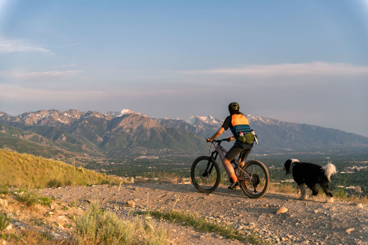 mountain biker climbing rocky singletrack forest Utah
