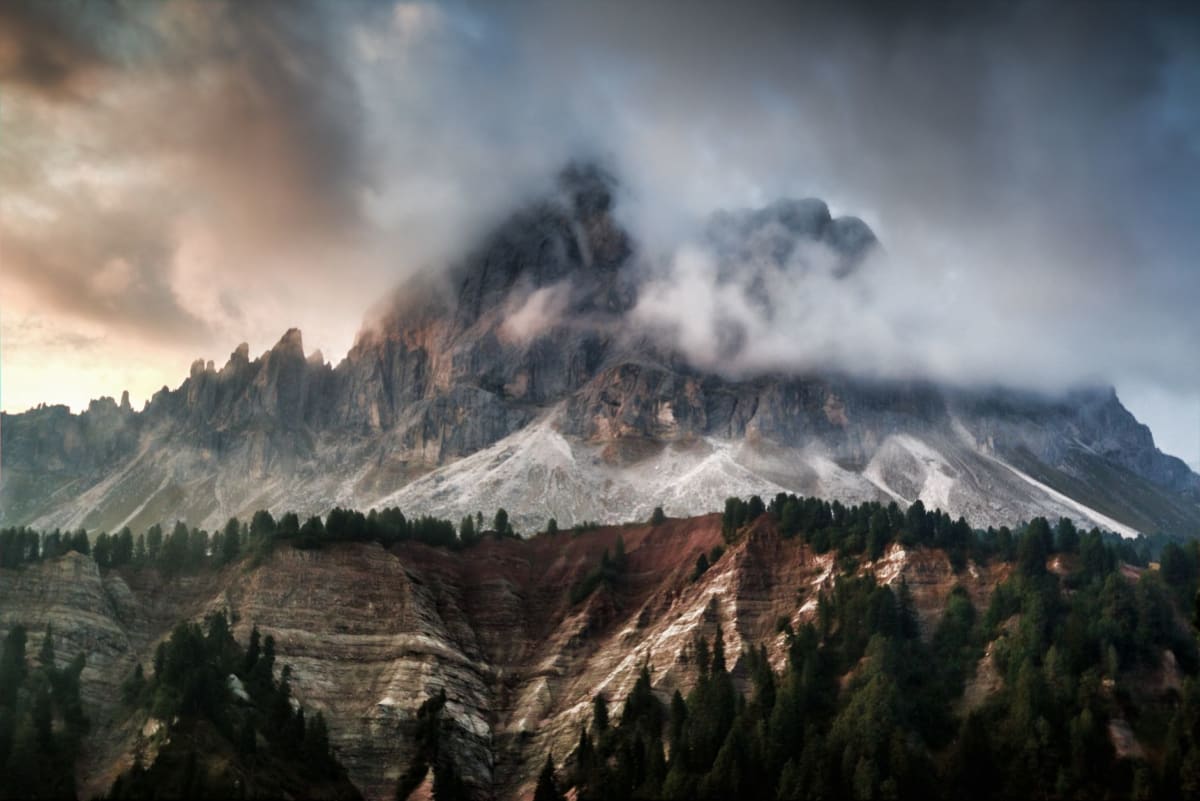 Dolomites alpine valley morning light pale limestone peaks September conditions