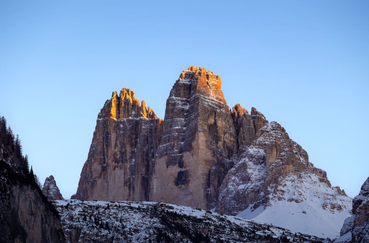 Tre Cime north face steep couloir October snow autumn light