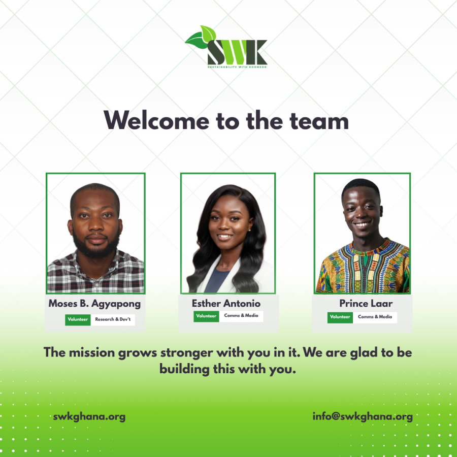 Welcome to the team — Moses B. Agyapong, Esther Antonio, and Prince Laar join SWK Ghana as volunteers