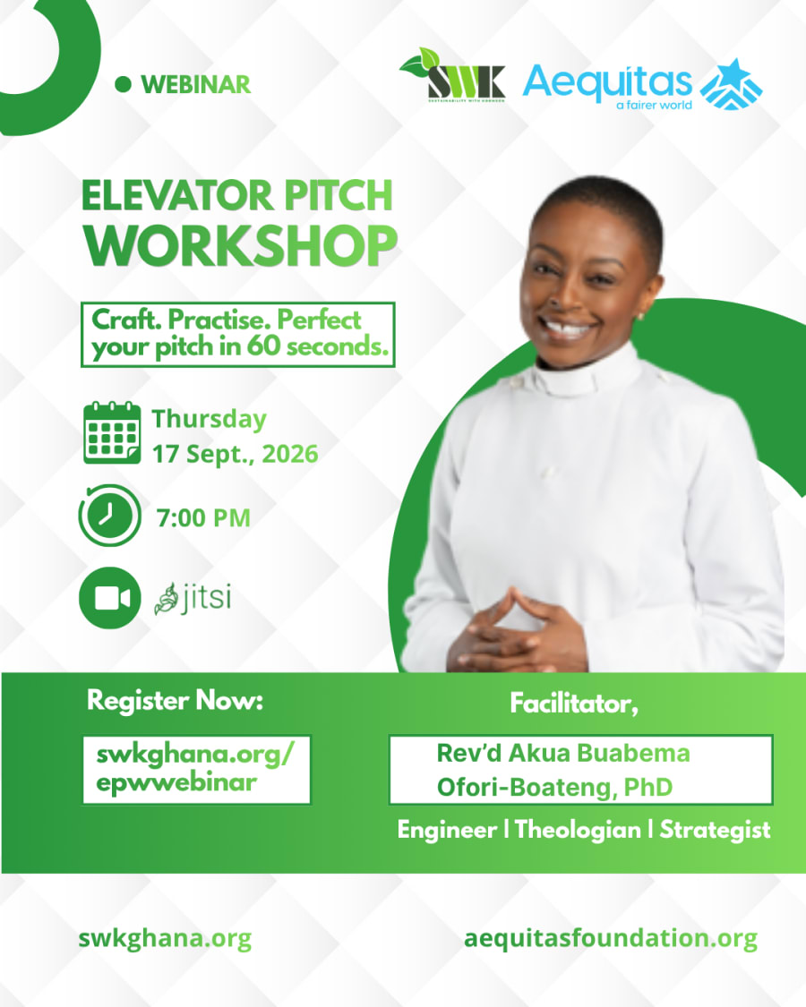 Elevator Pitch Workshop flyer: Craft. Practise. Perfect your pitch in 60 seconds. Thursday 17 September 2026, 7:00 PM, on Jitsi. Facilitator Rev'd Akua Buabema Ofori-Boateng, PhD.