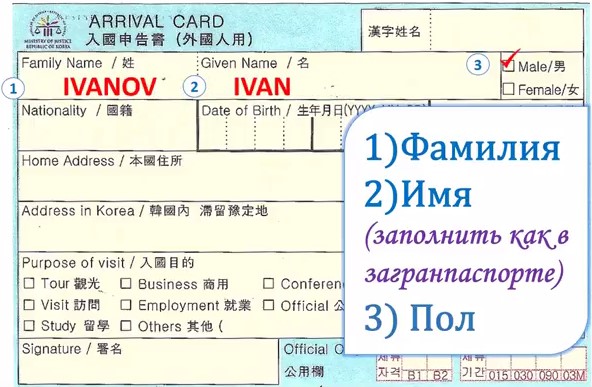 Миграционная карта в корею образец
