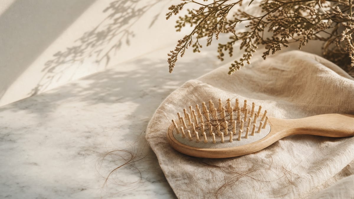 A comb resting on a marble surface beside a small pile of shed hair strands, soft editorial lighting