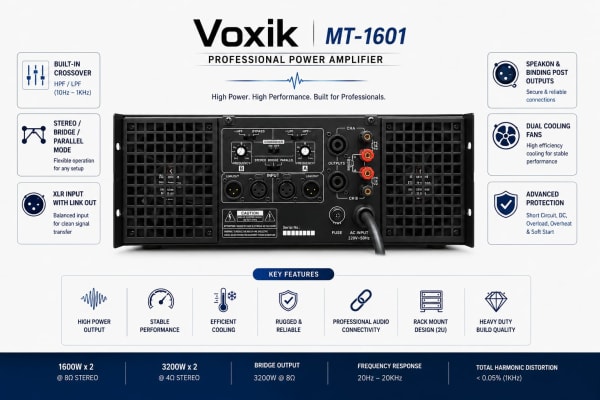 Voxik MT-1601 Professional 2-Channel Power Amplifier with Built-in Crossover