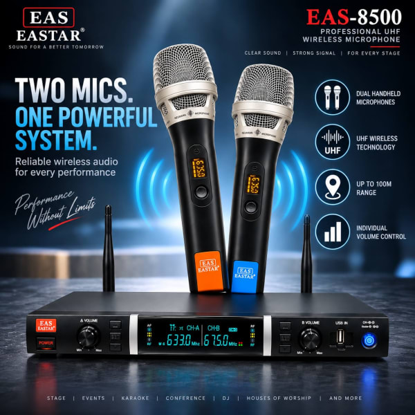 EAS Eastar EAS-8500 Professional UHF Wireless Microphone System – Dual Handheld Mics with Carrying Case