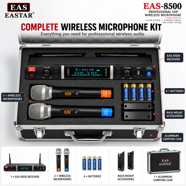 EAS Eastar EAS-8500 Professional UHF Wireless Microphone System – Dual Handheld Mics with Carrying Case
