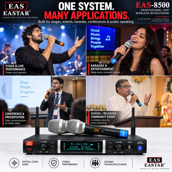 EAS Eastar EAS-8500 Professional UHF Wireless Microphone System – Dual Handheld Mics with Carrying Case