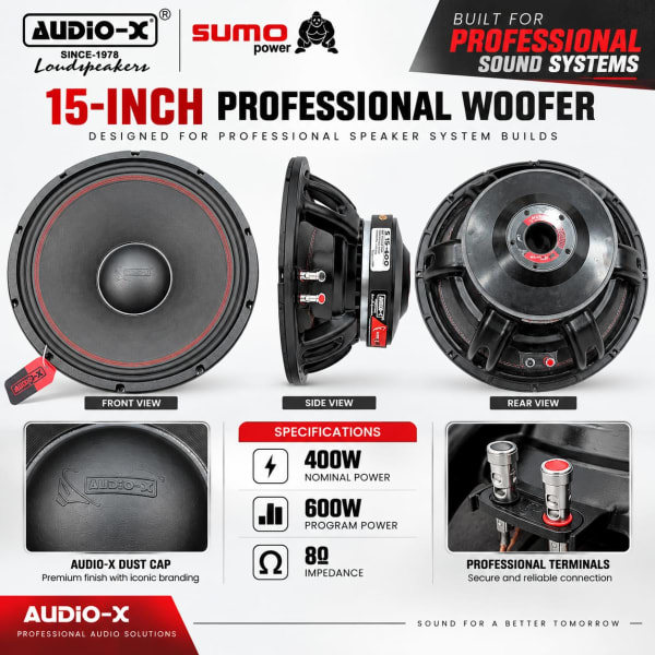 Audio-X Sumo S15-400 15 Inch Professional Woofer – 400W Nominal, 600W Program, 8Ω