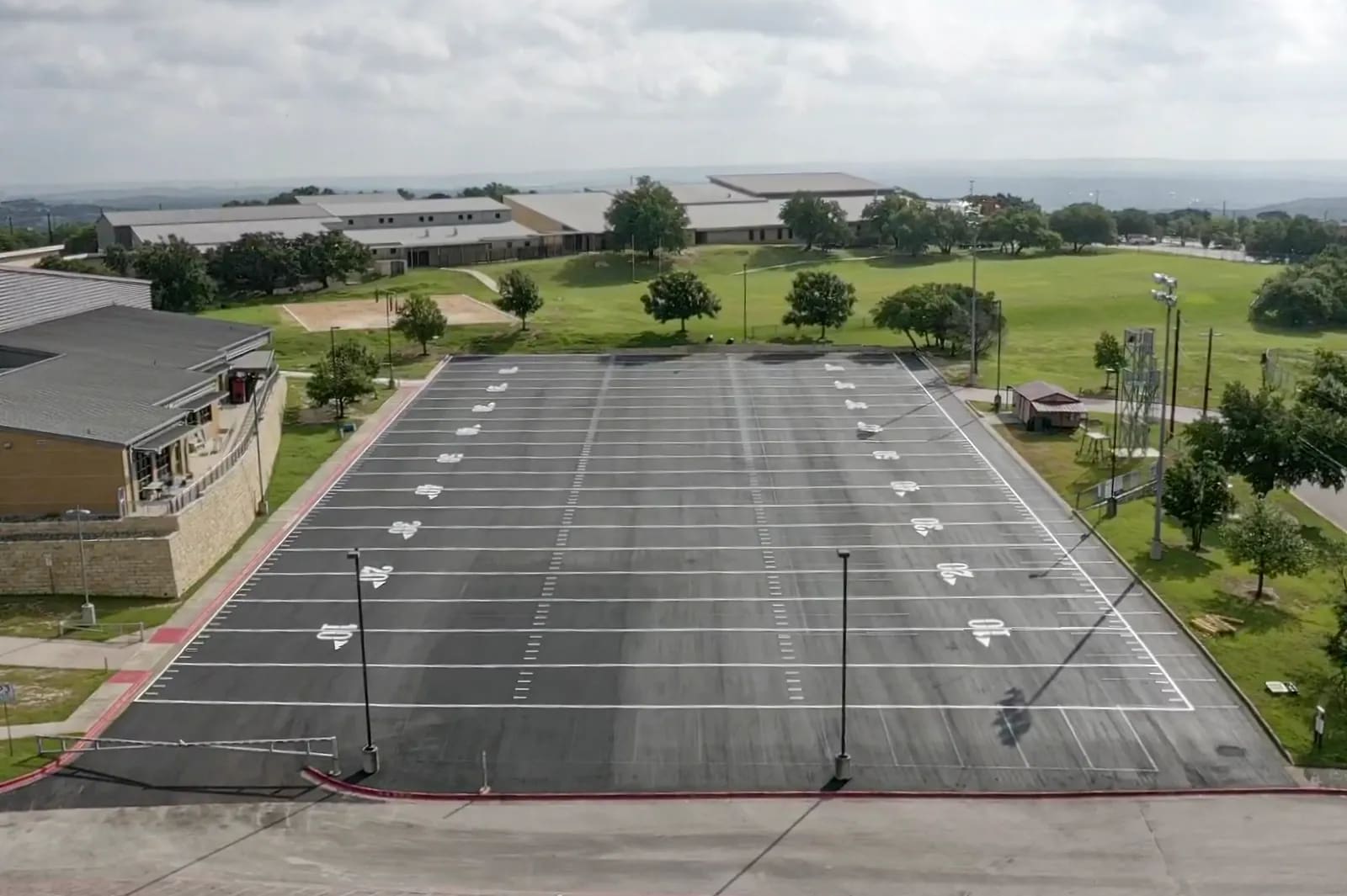 Aerial view of fresh parking lot striping and markings