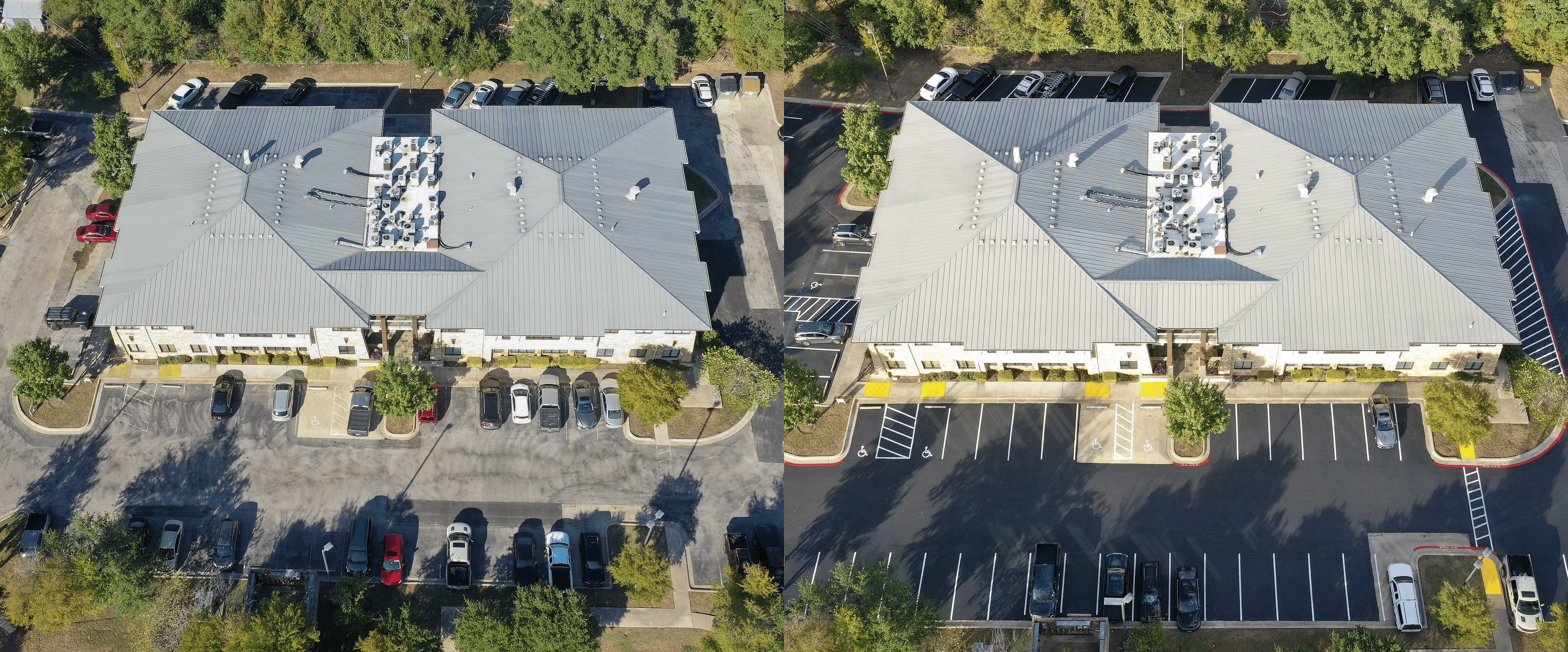 Aerial view of asphalt maintenance using sealcoat and striping applied to a parking lot