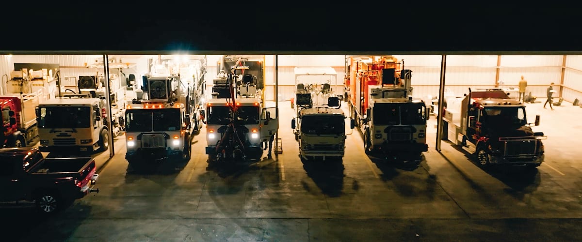 An overhead view of paving and striping equipment lined up.