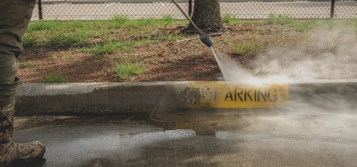 Power washing equipment cleaning asphalt pavement surface