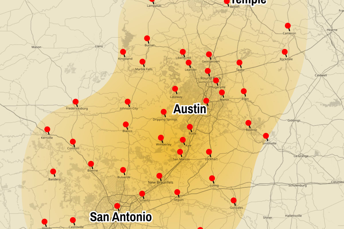 A map of the Stripe-It-Up parking lot repair and maintenance service area