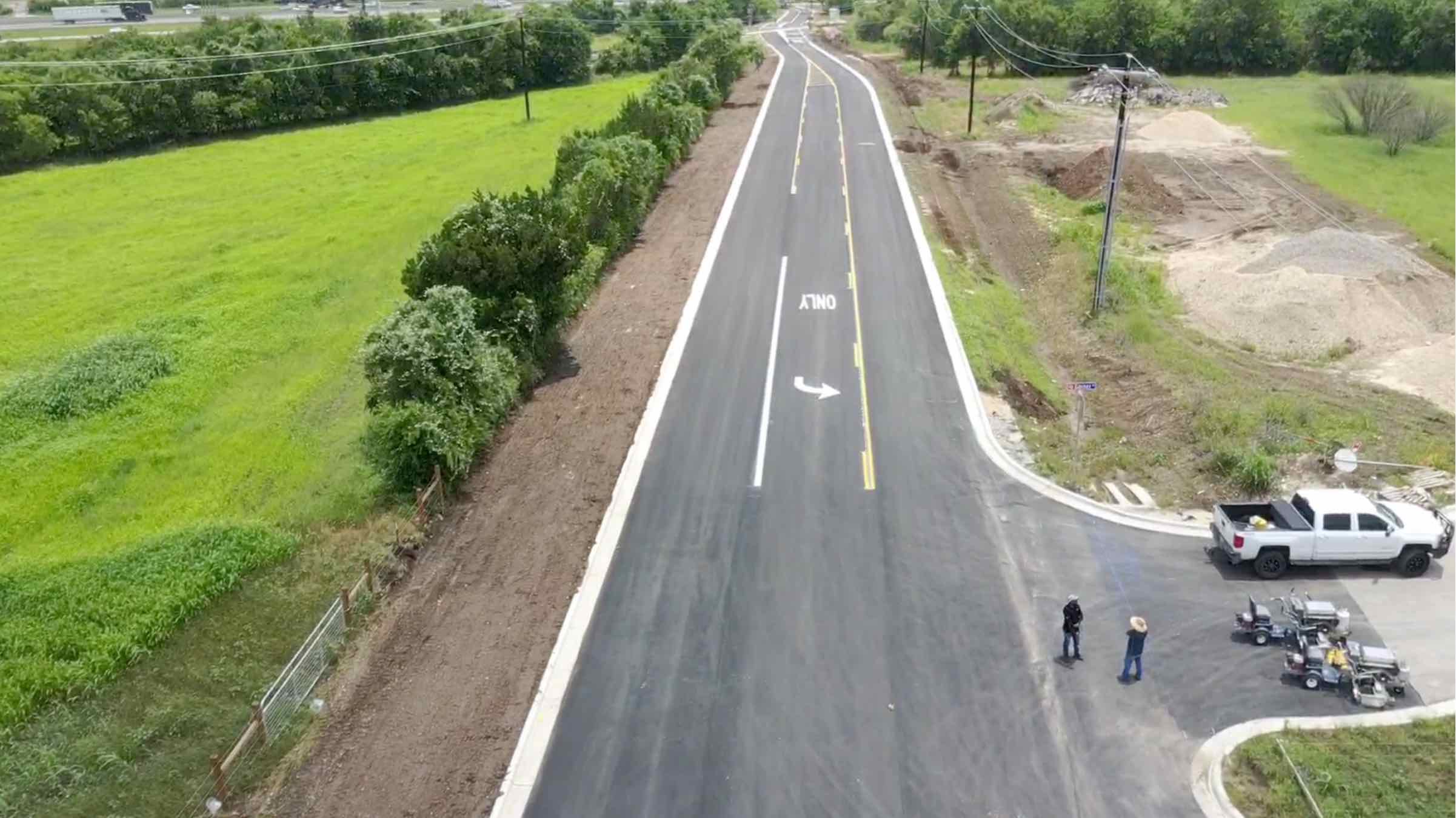 Aerial view of thermoplastic turn laneroad markings on a highway
