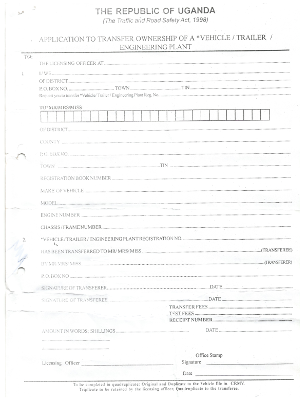Old URA Motor Vehicle Manual Ownership Transfer Form