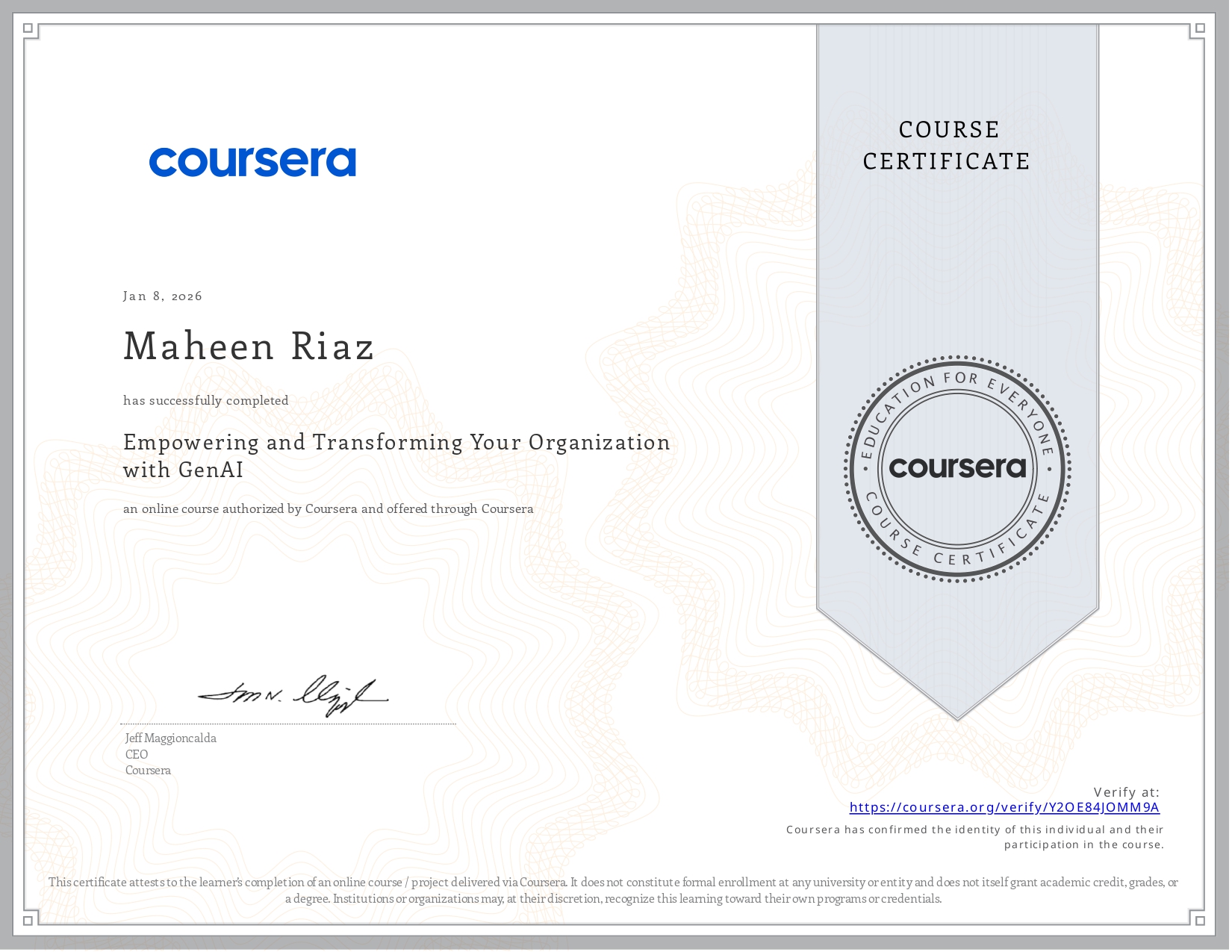 Coursera Course Y2OE84JOMM9A