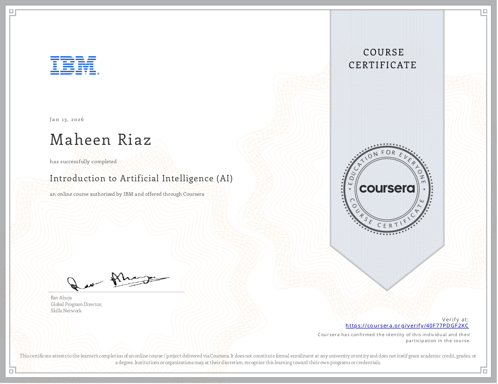 Coursera Course 40F77PDGF2KC