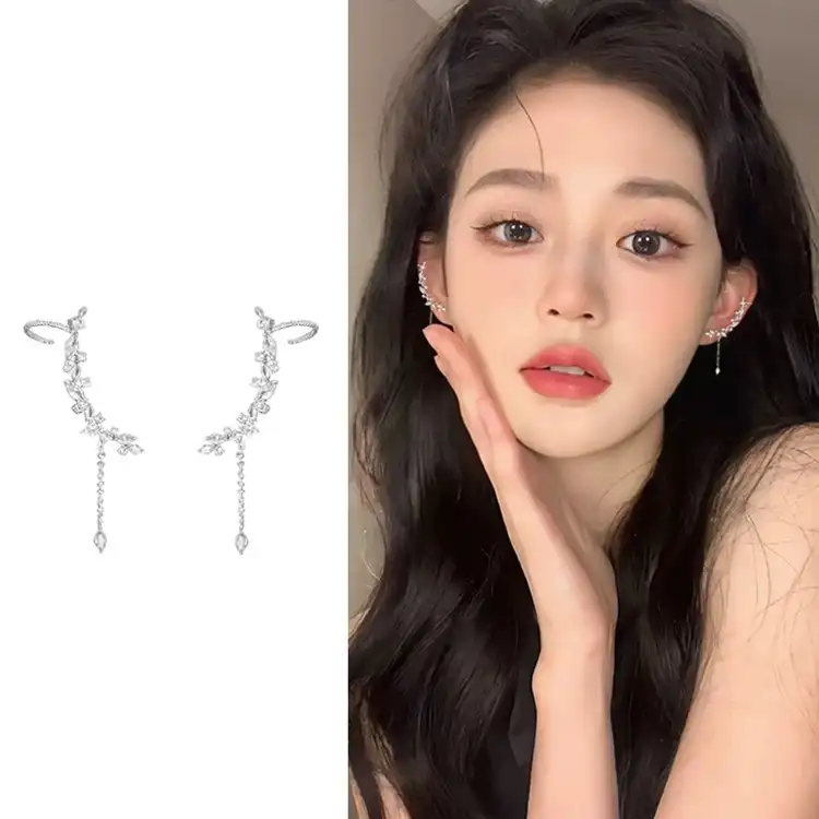 Super flash earrings ear bone clip integrated earrings long simple leaf zircon earrings