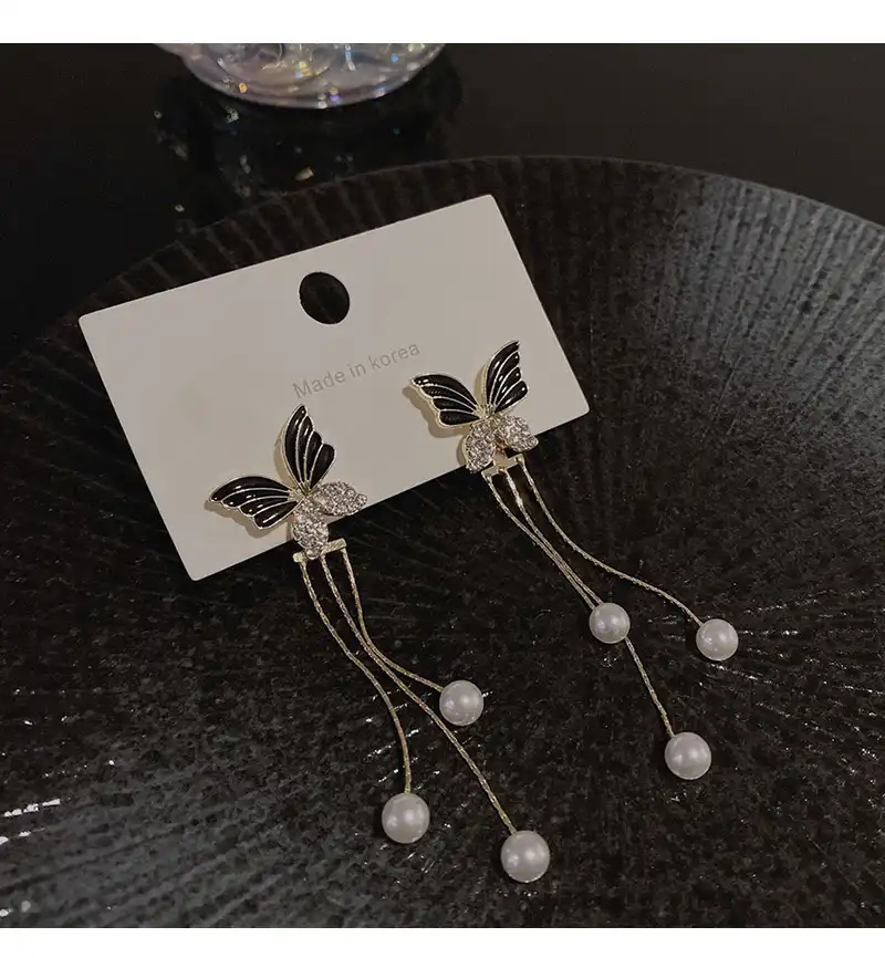 Tassel Long Butterfly Earrings Back Hang Double Pearl Stud Earrings