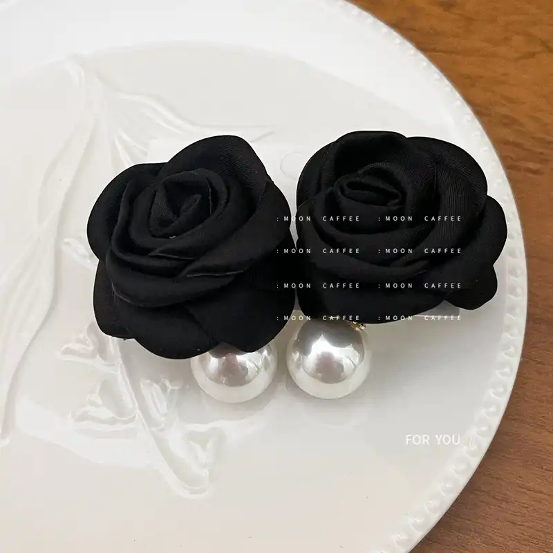 925 Silver Post French Elegant Vintage Black Rose Pearl Tassel Earrings