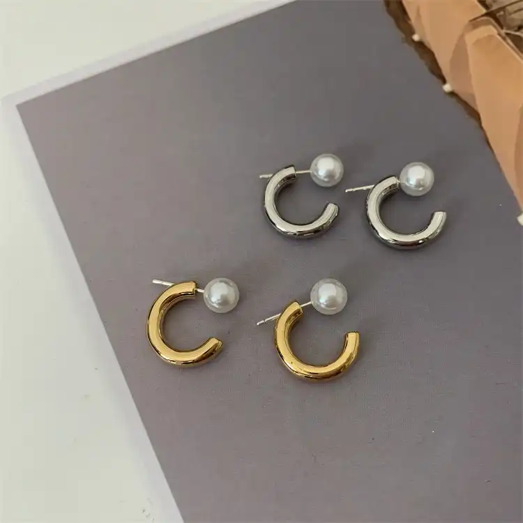 Korean pearl stud earrings metal c-ring earrings simple two-wear earrings