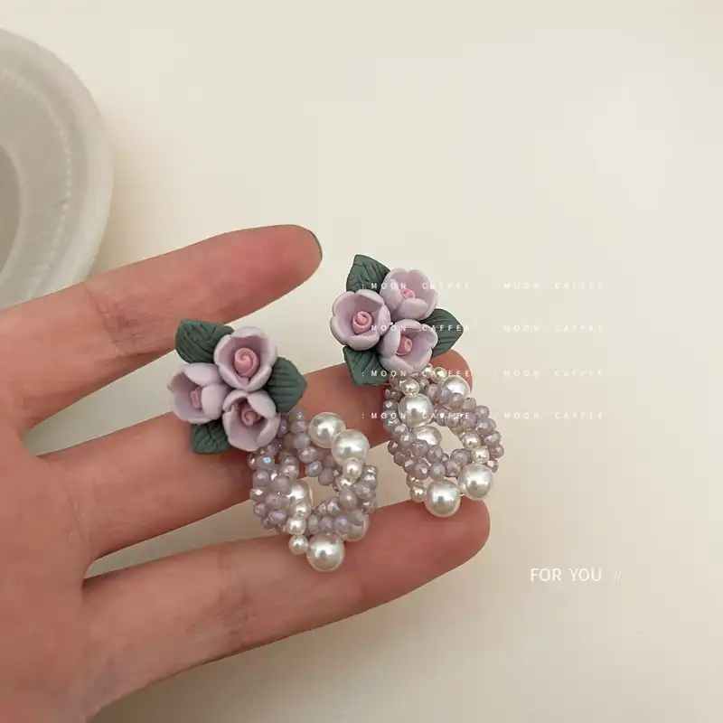 Mori Purple Rose Black Tea Stud Earrings Pearl Flower Tassel Earrings