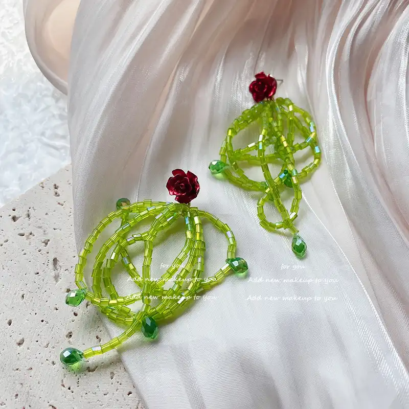 Rose Flower Green Beaded Tassel Stud Earrings Fashion Handmade Water Drop Dangle Earrings